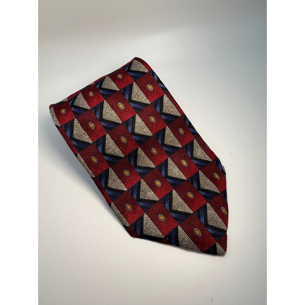 Robert Talbott Silk Tie 3.75" Geometric Red Blue Silver Parisian Hand Sewn USA